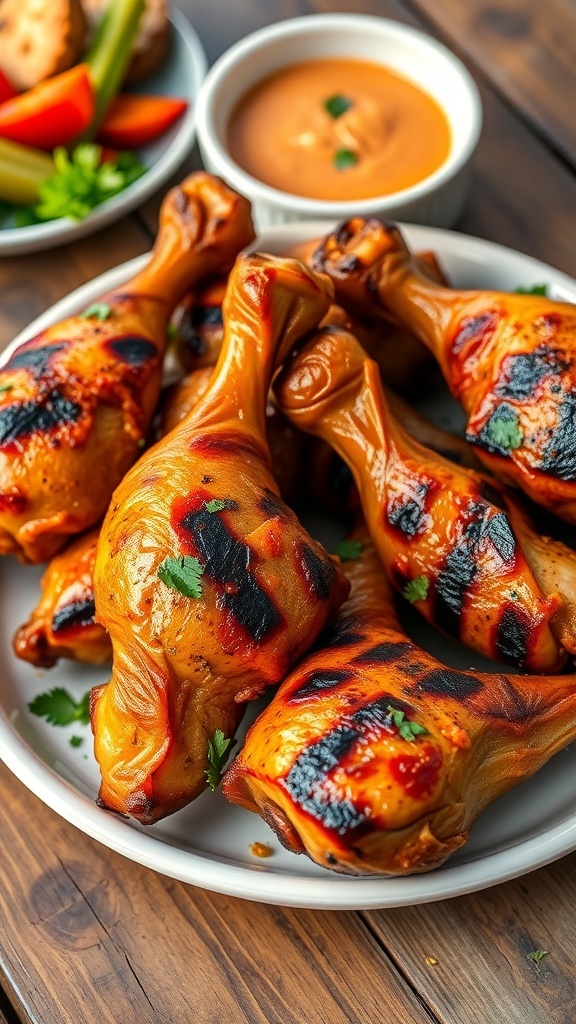 Grilled chicken drumsticks on a plate, garnished with herbs, served with dipping sauce and grilled vegetables.